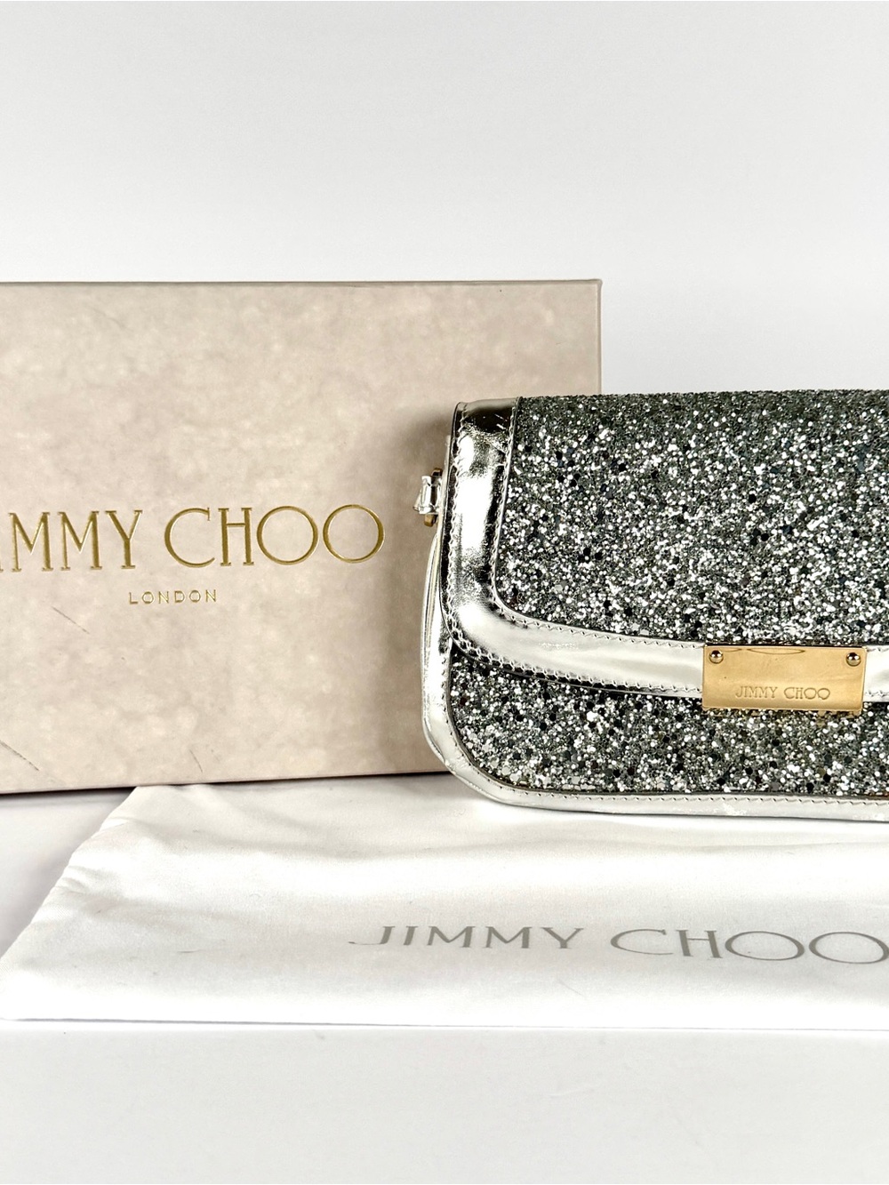 Jimmy Choo Silver Glitter Wristlet / Clutch Evening Bag Full Inclusion - Picture 2 of 16